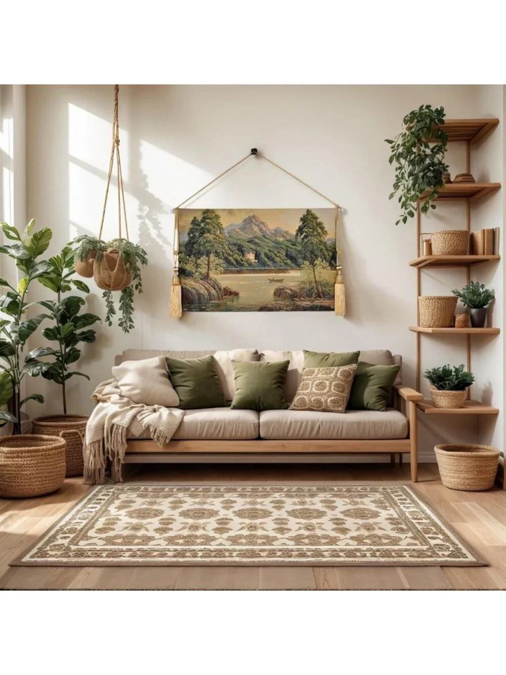 Vintage Nature Tapestry Wall Hanging Set with Rod & Tassels - Aesthetic Green